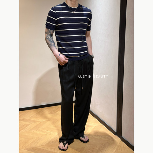 AUSTINBEAUTY【夏日条织】夏季条纹镂空T恤圆领针织男士通勤短袖