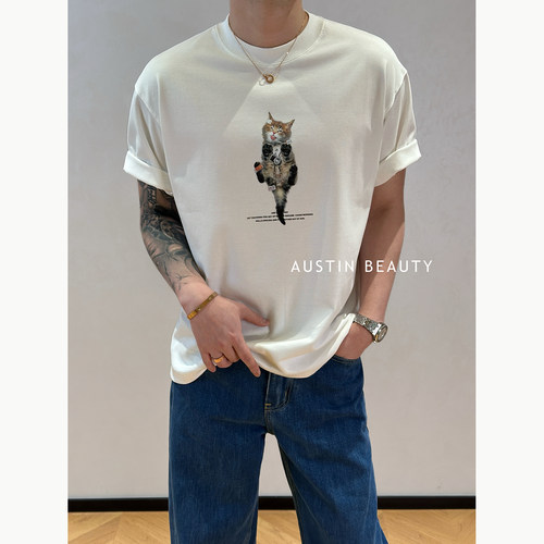 AUSTINBEAUTY 【猫序】美式复古印花短袖T恤宽松落肩休闲百搭短袖