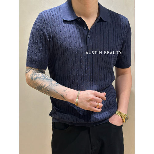AUSTINBEAUTY【经典绞花】夏季新品针织细绞花polo领短袖老钱百搭