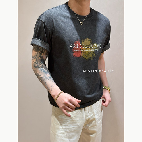 AUSTINBEAUTY【彩墨留痕】男士水彩涂鸦印花立体刺绣T恤夏款短袖