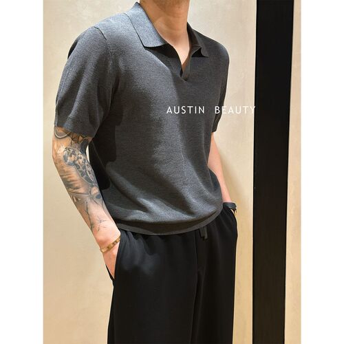 AUSTINBEAUTY【夏季新品桑蚕丝棉混纺针织珠地肌理polo领针织短袖