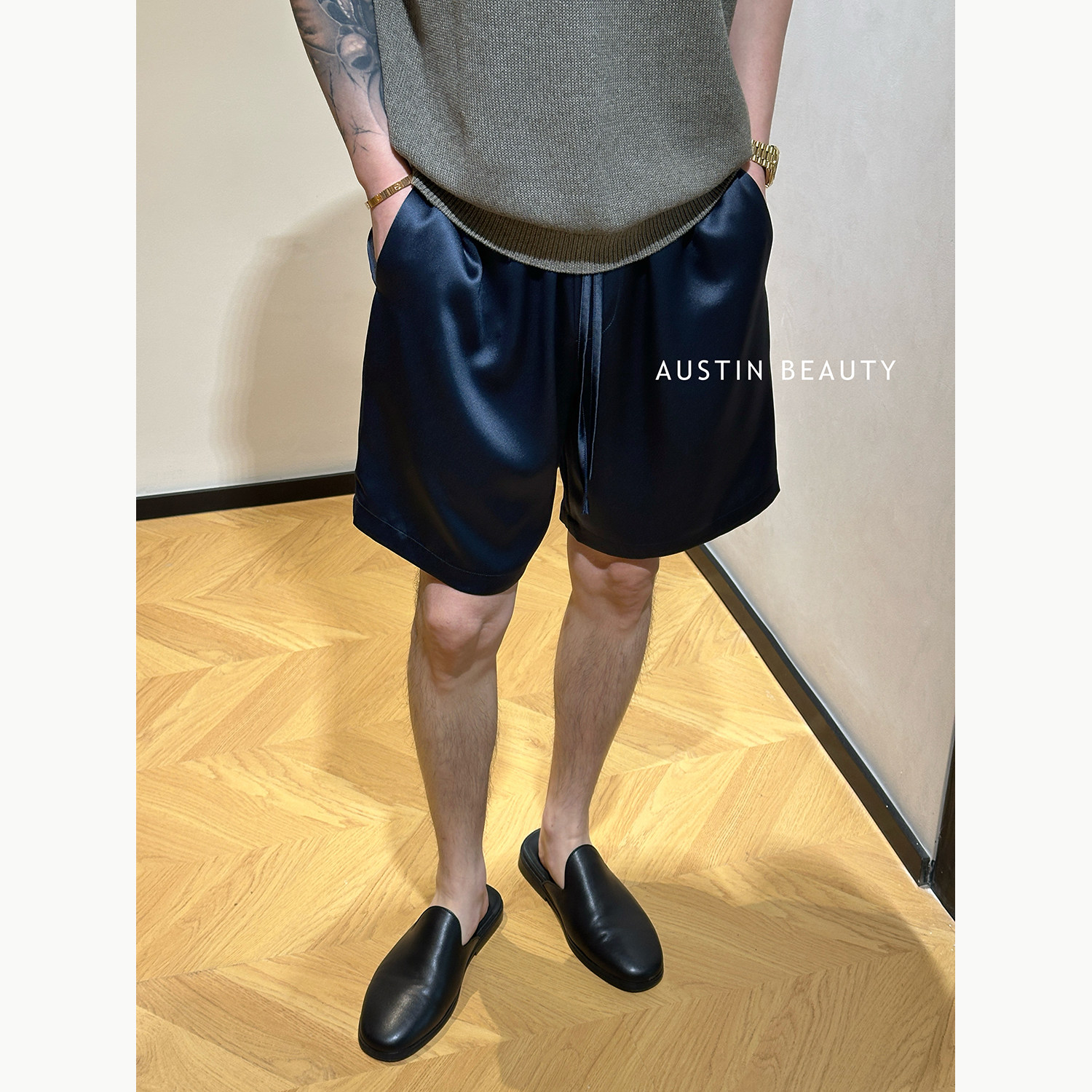 AUSTINBEAUTY【墨缎沉序】男士醋酸缎面光泽垂坠松紧腰五分短裤夏