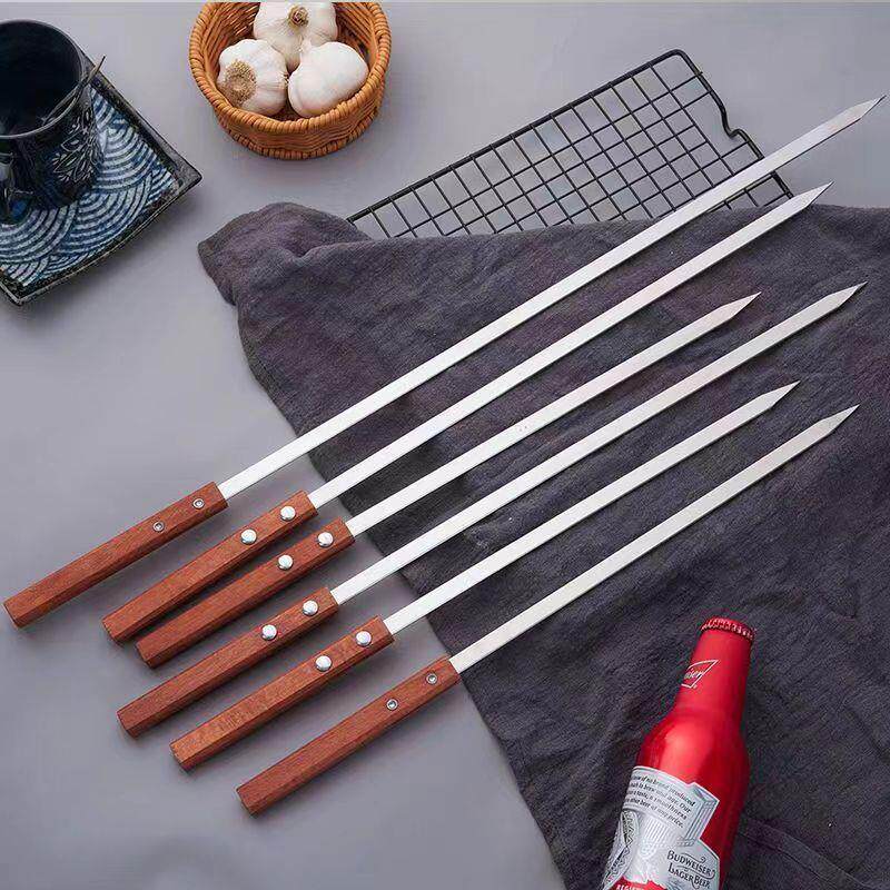 不锈钢方木柄烧烤扁签子商用大油边签子羊肉串烤串家用烧烤签工具