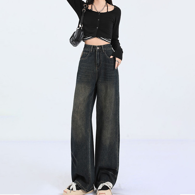 美式复古阔腿牛仔裤女2025新款春秋季高腰显瘦垂感直筒拖地长裤