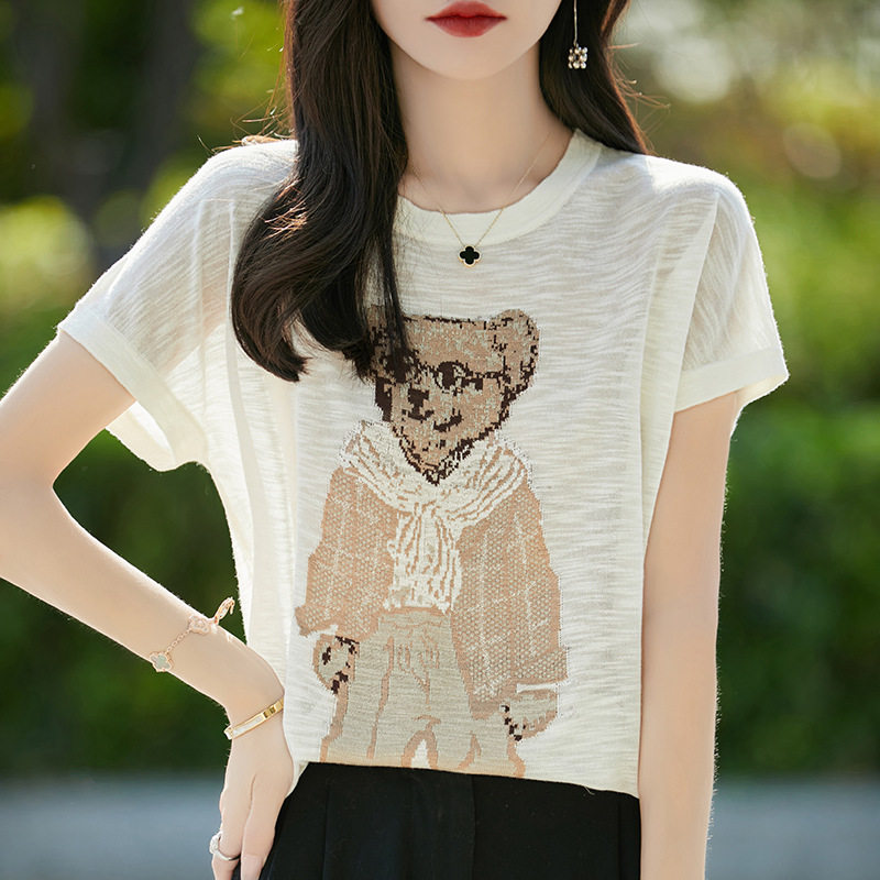 冰丝针织短袖女圆领卡通印花T恤夏季薄款凉感蝙蝠袖上衣抖音代发