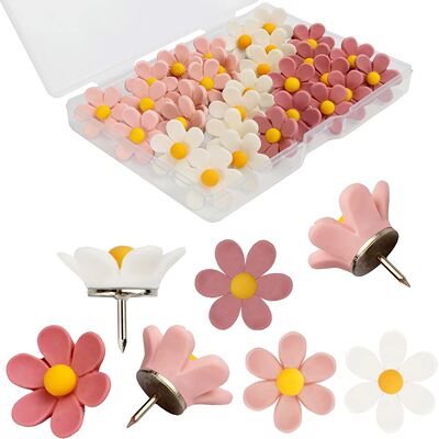 20pcs Pink Floral Pushpins - Decorative Resin Flower Thumbta