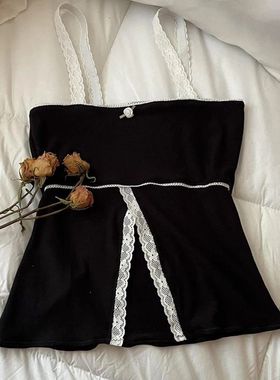 Women's Black Vest 2000s Retro Lace Trim Split Camis Chic Fa
