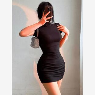 Mini Tight Dress Sexy Half Pleated High Waist Collar Spicy