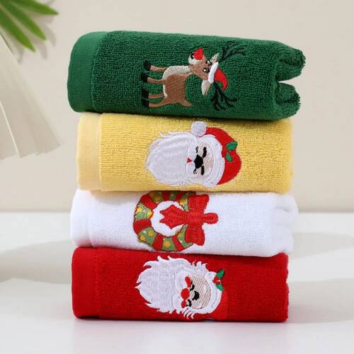 Xmas Cotton Hand Towel Santa Reindeer Embroidery Absorbent S