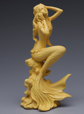 黄杨木雕美人鱼摆件装饰品 实木雕刻工艺品办公室美女人物送礼品