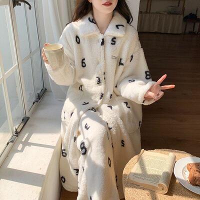 冬季睡衣女长袖加绒加厚保暖珊瑚绒睡袍裤子两件套套家居服可外穿