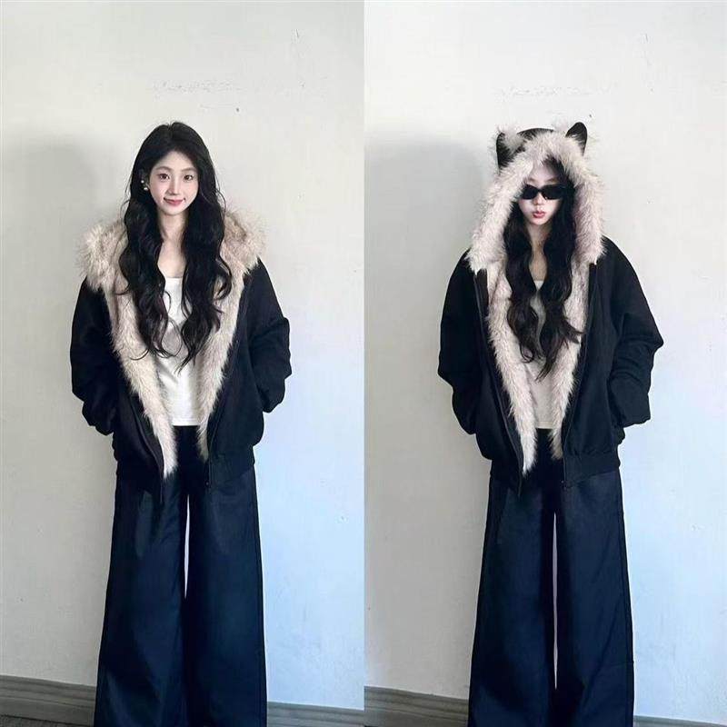 国潮座山雕毛领新款外套耳朵加厚男女秋冬季棉服棉衣情侣装夹棉,女装/女士精品,时尚套装,淘宝优惠券,粉丝福利购,淘宝优惠卷