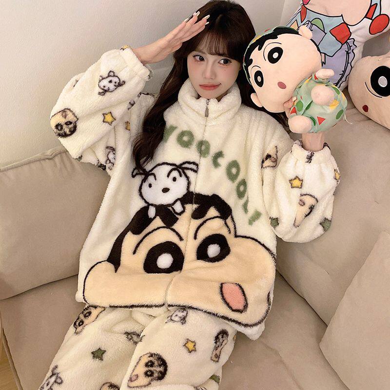 蜡笔小新珊瑚绒睡衣女秋冬季加厚加绒2024新款保暖外穿家居服套装