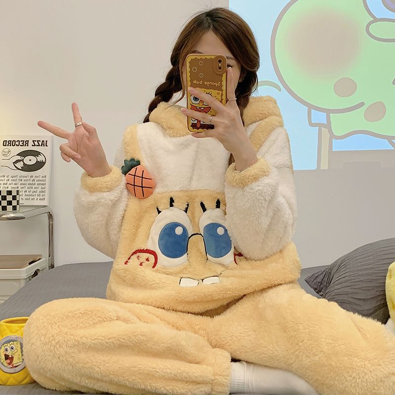 秋冬季珊瑚绒睡衣女加厚加绒保暖甜美可爱法兰绒可外穿家居服套装