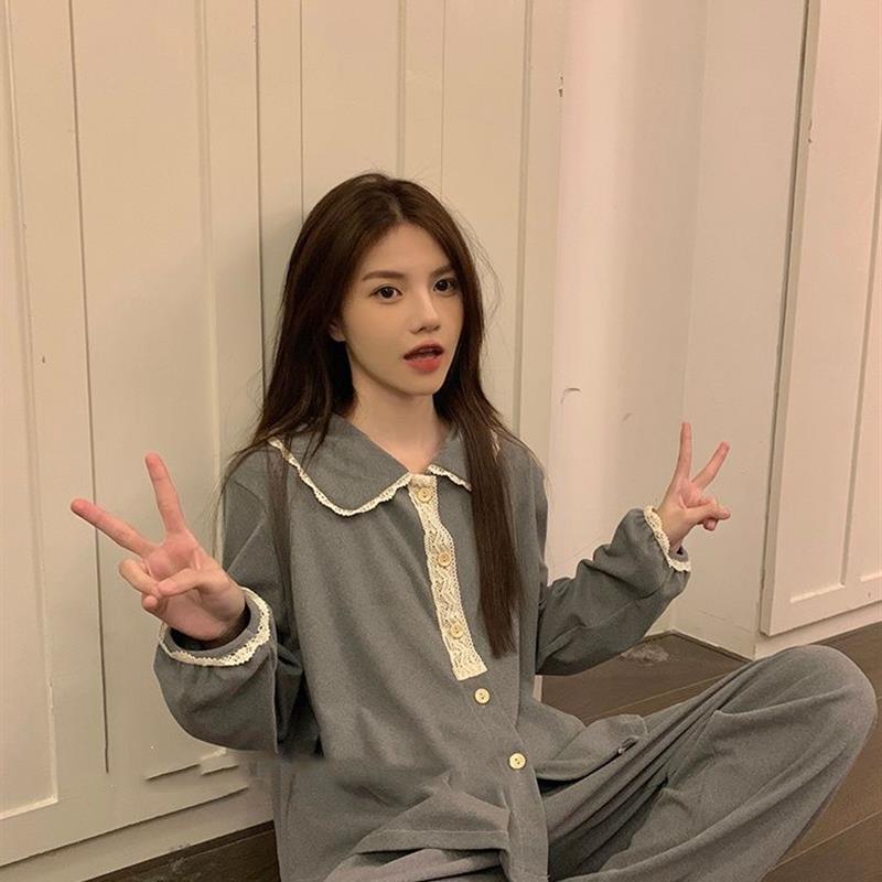 ins网红韩系睡衣女秋冬纯棉新款长袖春季甜妹简约休闲家居服套装