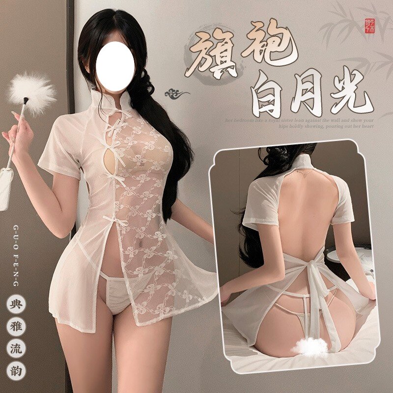 睡衣女款蕾丝拼纱透身裸臀旗袍内衣性感透视古风