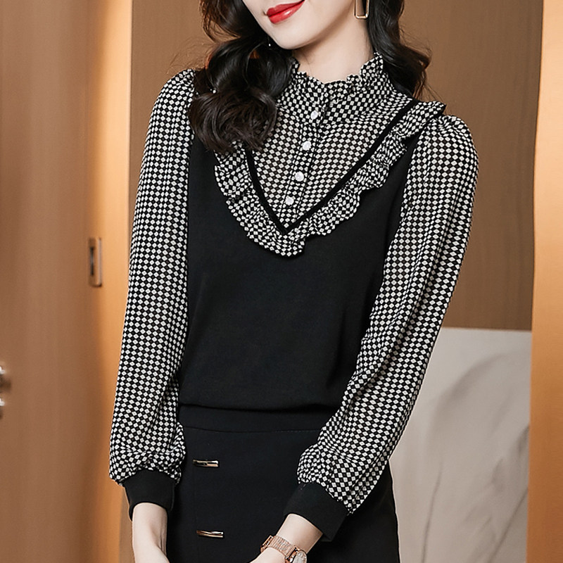 春秋装雪纺衬衫女长袖洋气设计感小众气质假两件内搭加绒打底上衣