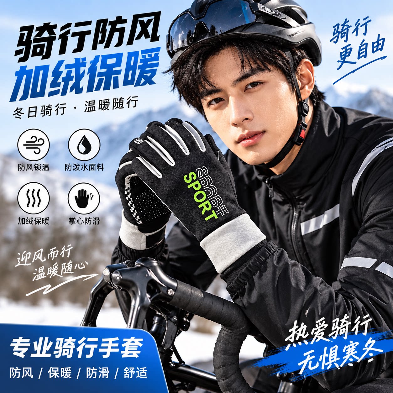 骑行手套男女冬季户外徒步跑步滑雪防风加绒保暖足球运动防滑触屏