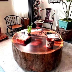 原木树桩实木圆形北欧树墩民宿茶桌客厅茶几设计师创意木墩茶台