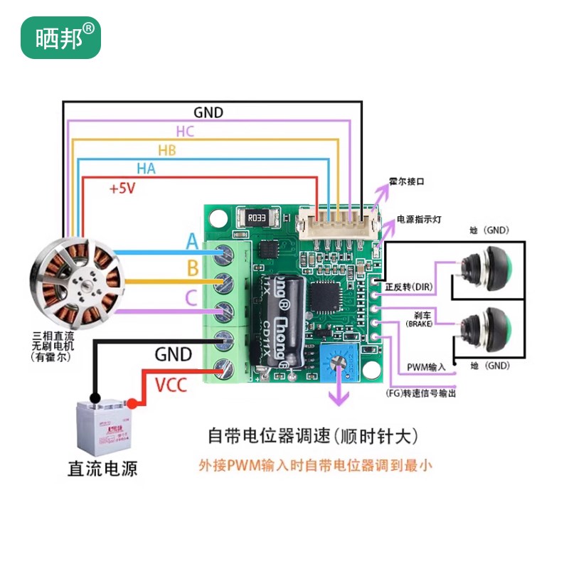 BLDC三相直流无刷电机驱动器有霍尔驱动马达调速控制器12V24V