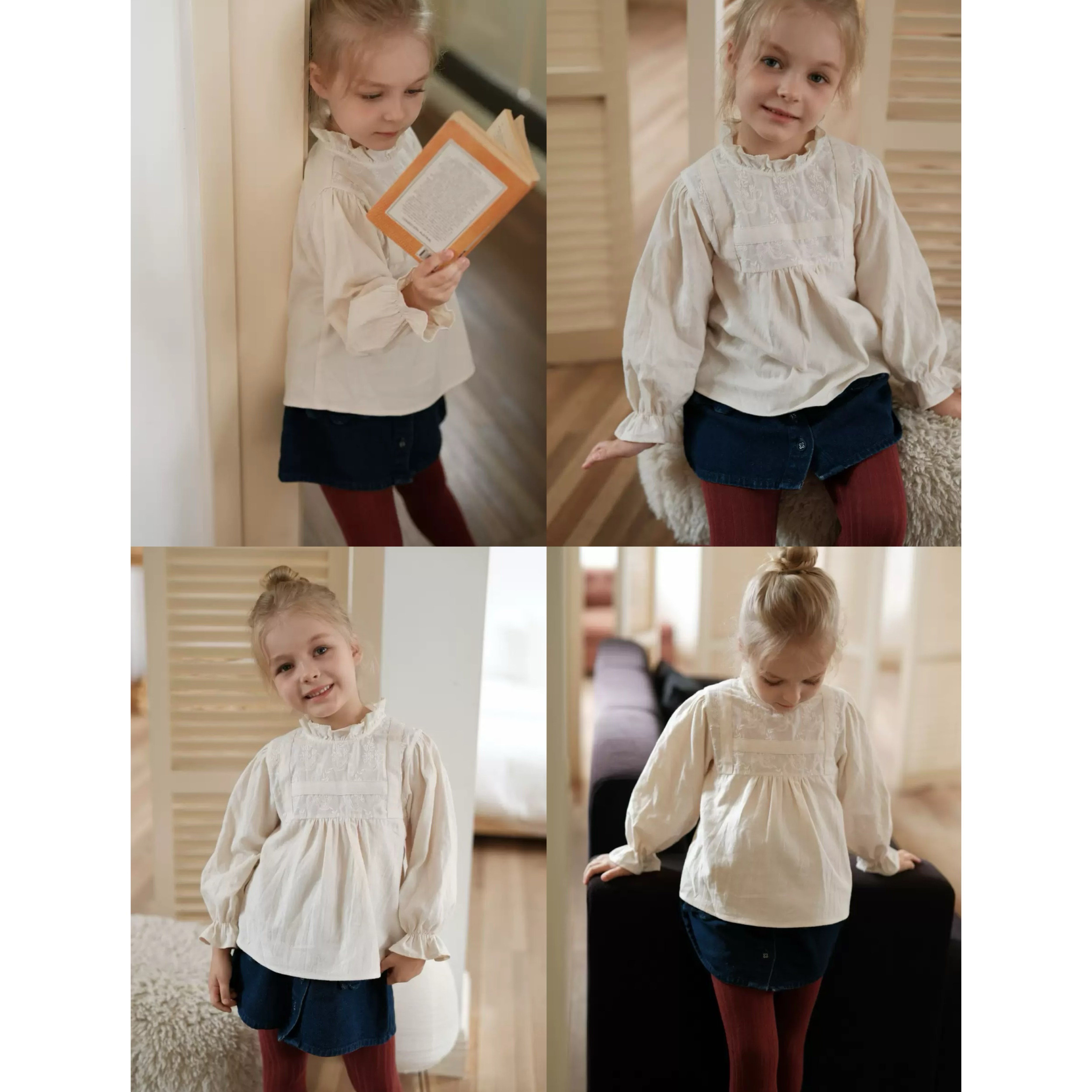 Morchee2025秋冬新款花边荷叶领纯色绣花蕾丝儿童灯笼袖衬衫