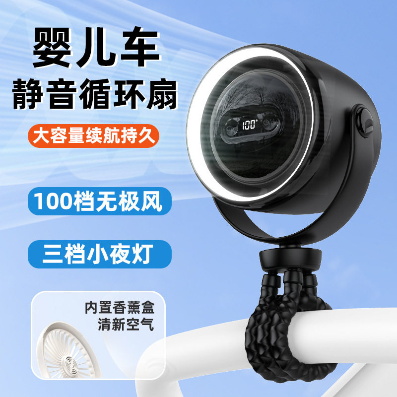 跨境婴儿车八爪鱼风扇防夹手香薰3档小夜灯静音usb迷你充电小风扇
