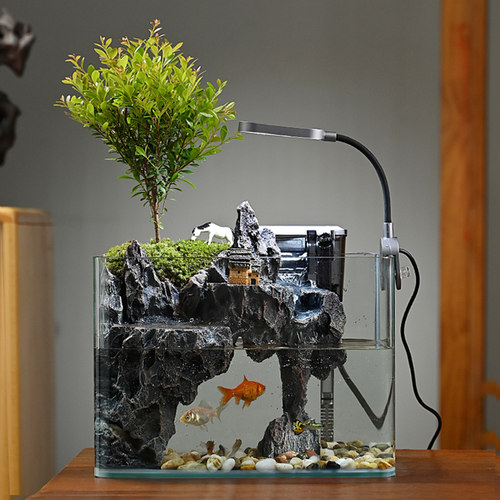 流水版鱼缸造景全套生态小型客厅桌面装饰摆饰水草缸真植物水陆缸