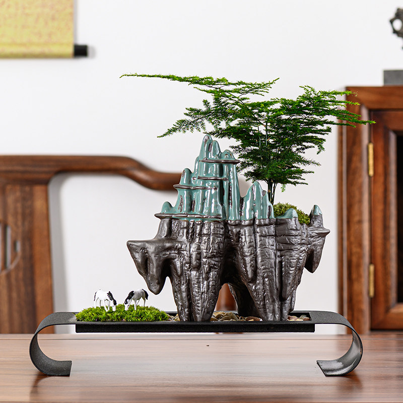 微景观创意桌面绿植盆景客厅假山流水文竹植物盆栽办公室铁艺摆件