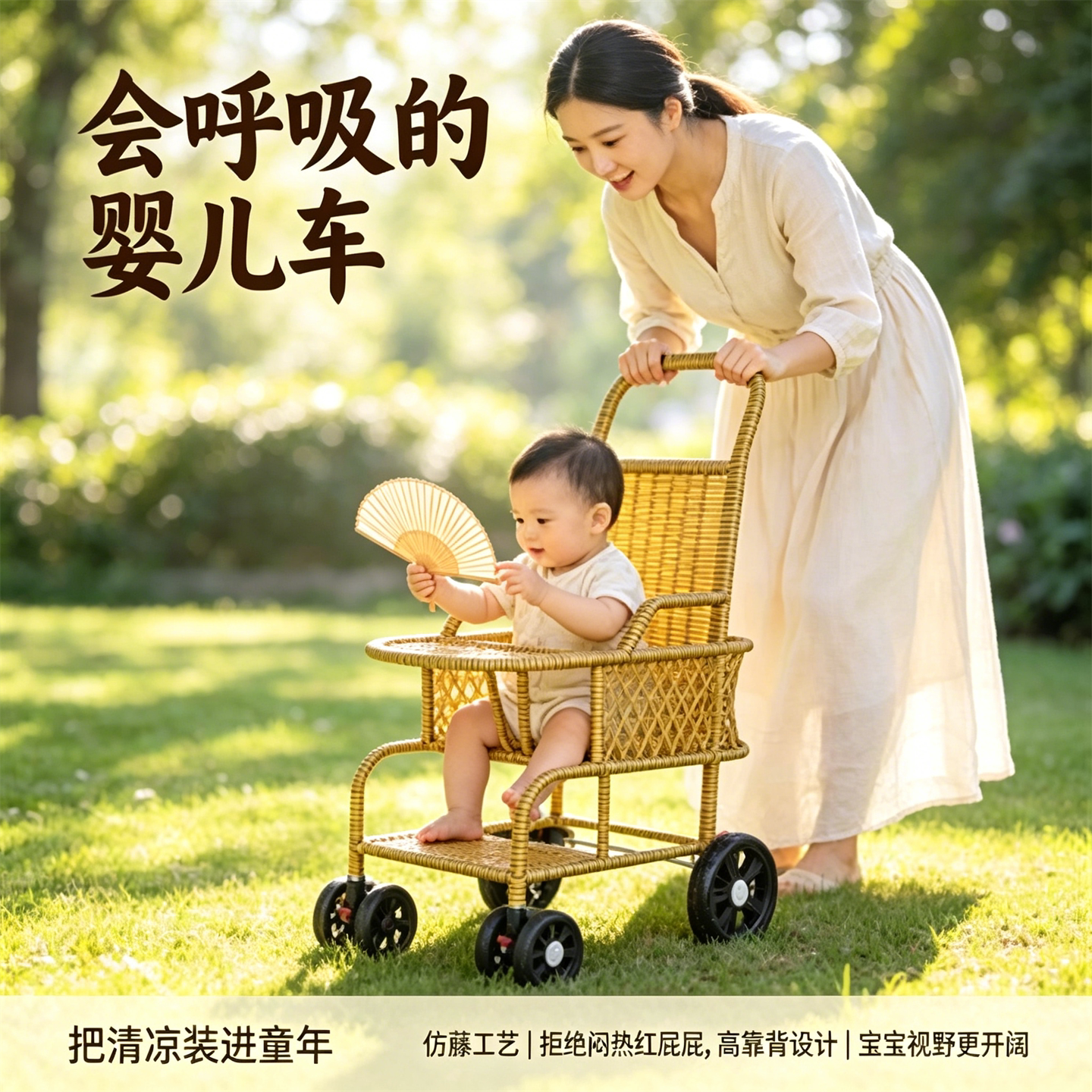 竹藤藤编推车2026新款婴儿真藤三轮车可坐躺纯手工夏季宝宝手推车