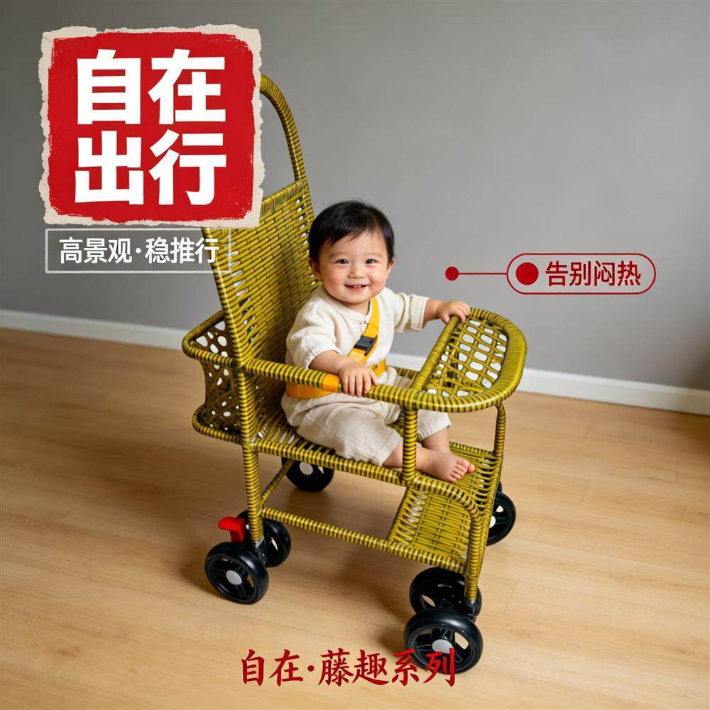 2026新款婴儿藤编车夏季藤条轻便高围可坐儿童宝宝推车溜娃出行ee
