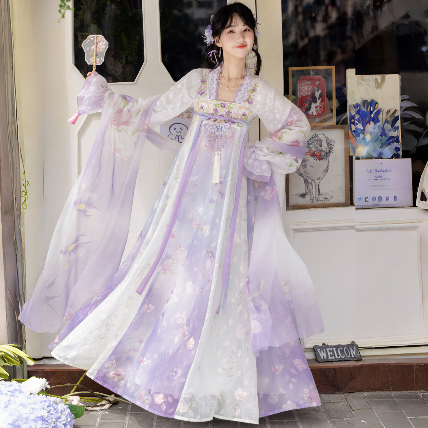 汉服女阑珊小记【紫玉蝶】刺绣花苞袖唐制齐胸破裙日常吊带裙夏季