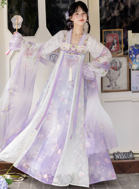 汉服女阑珊小记【紫玉蝶】刺绣花苞袖唐制齐胸破裙日常吊带裙夏季