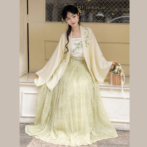 汉服女阑珊小记【栀夏】宋制汉服绣花对襟衫吊带半身褶裙套装春夏