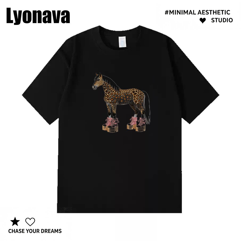 Lyonava豹纹马萌宠搞怪马趣味运动创意百搭男女通勤宽松纯棉短袖t