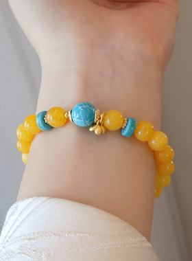 黄色金丝玉蓝石手链女红玛瑙手串简约新中式铃兰花复古中国风手饰