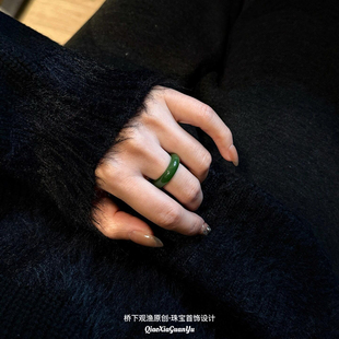 天然和田玉戒指碧玉戒指菠菜绿戒圈飘花玉戒指翡翠戒指情侣款送礼
