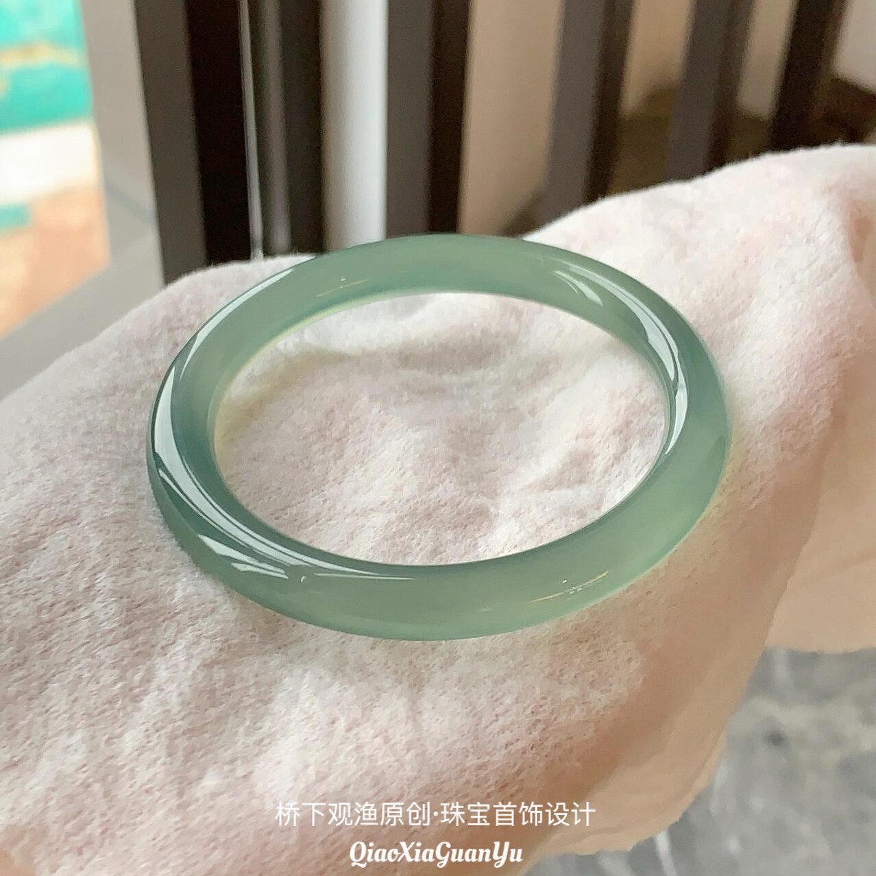 冰种油青绿玉髓玛瑙手镯马料晴水翡翠和田玉色玉镯子情人节送礼