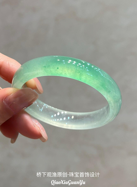 天然半山水翡翠玉手镯子女半山水手镯阳绿冰飘花缅甸冰种石英岩玉