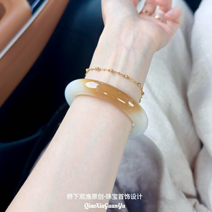 纯天然黄龙玉手镯金丝玉镯子小众玉镯女款半山水桂花酿手镯送礼物