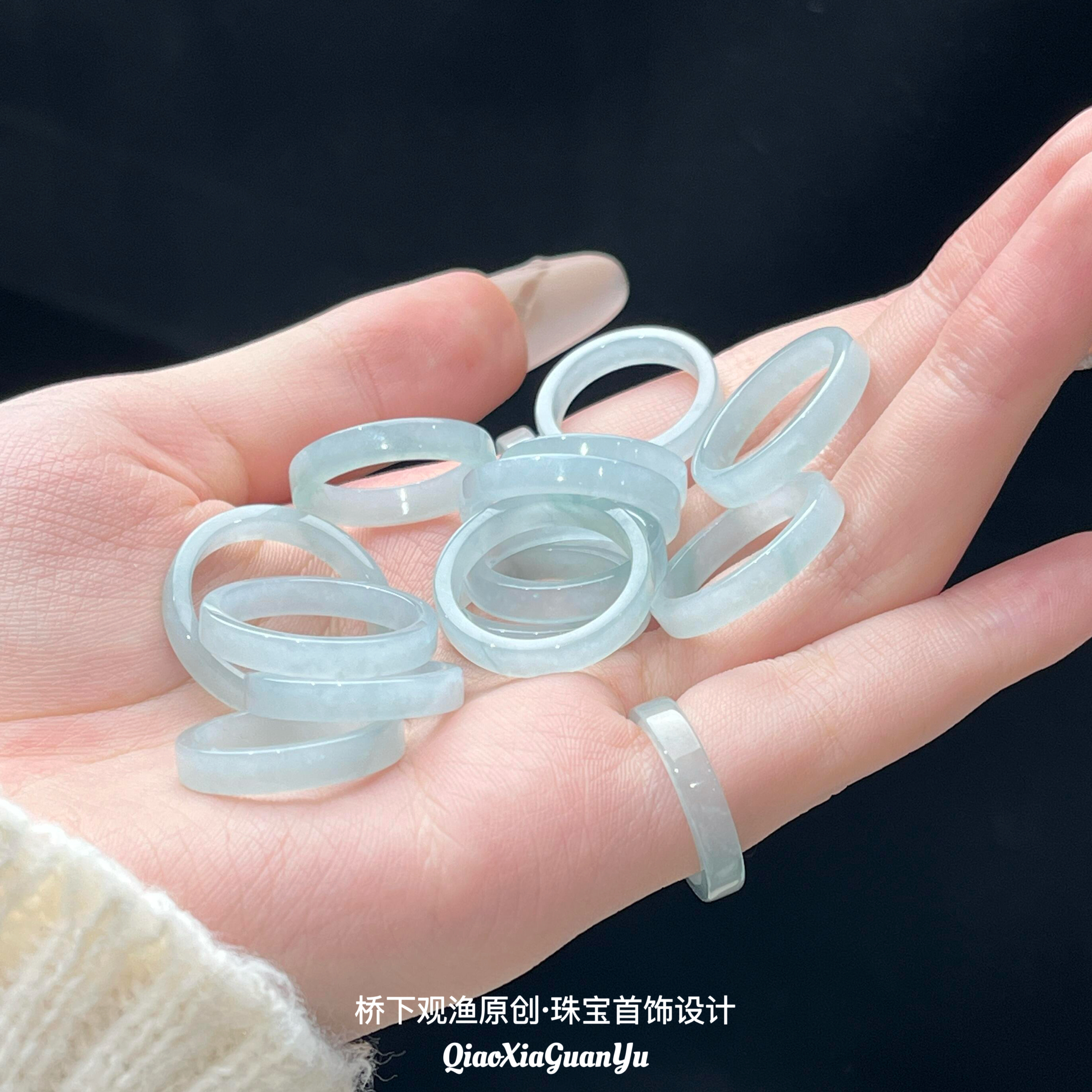 天然翡翠戒圈蓝水冰种指环玉石奶