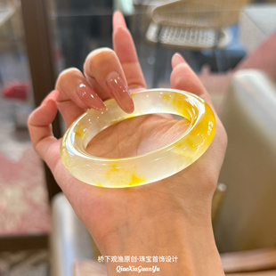 天然黄龙玉手镯金丝玉镯子玉镯女溏心锦鲤桂花酿手镯石英岩玉送礼