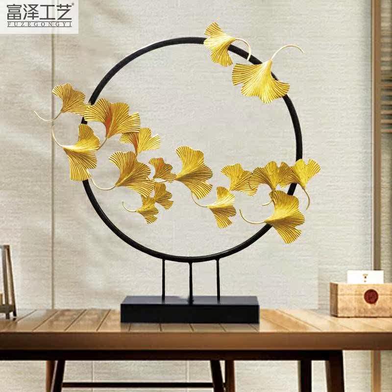 新中式金属银杏叶招财摆件样板房客厅沙发酒店会所玄关软装装饰品