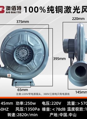中压风机吸灰木工吸抽尘气烟激光雕刻机离心式鼓风机550w220V纯铜