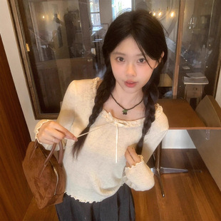 白色蕾丝蝴蝶结长袖t恤女秋冬bm风内搭打底衫设计感独特别致上衣