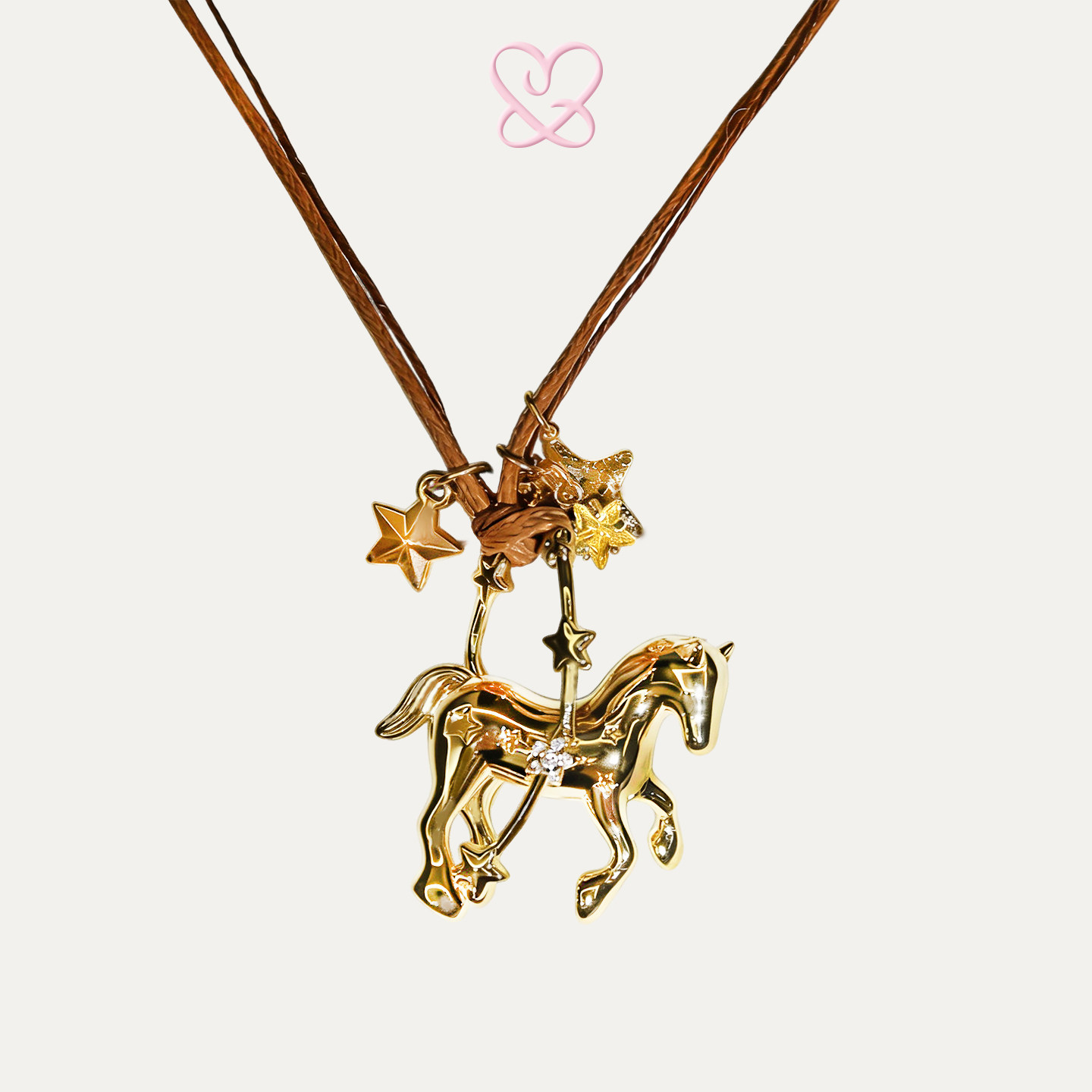 1P Juvilove原1P Jewelry 金色小马星星锆石吊坠皮绳抽拉长项链