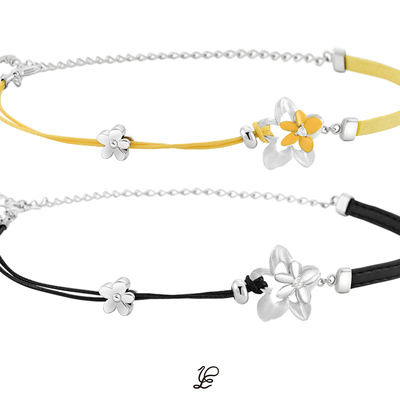 1P Jewelry 双色可选花朵锆石镶嵌皮绳项链choker