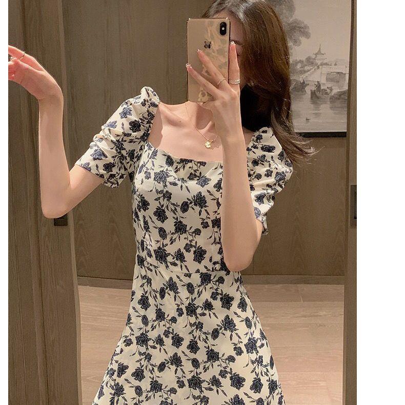 玫瑰碎花连衣裙2025春夏新款韩版小个子法式茶歇收腰显瘦感一字领