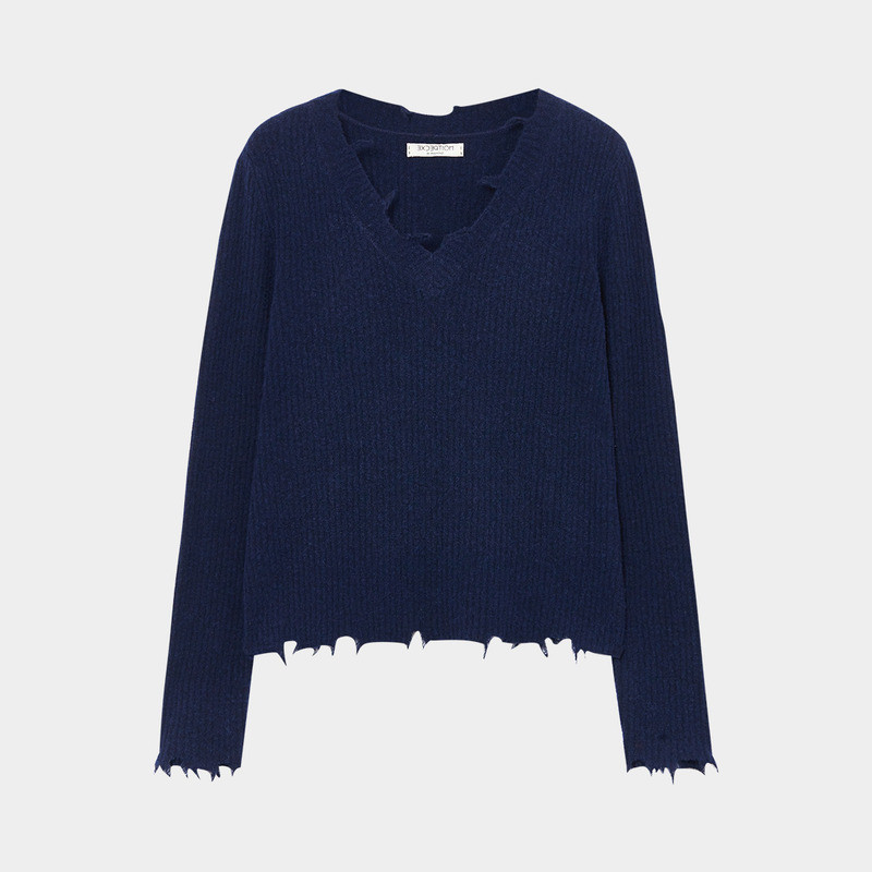 EXCEPTION例外毛边V领长袖合体短套头F121-A2D03