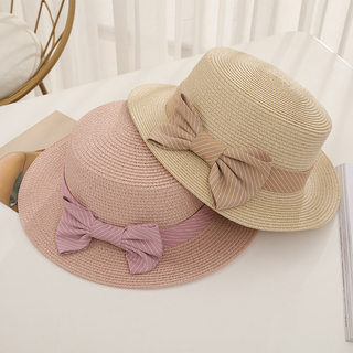 韩版女士夏天帽遮阳帽女沙滩帽蝴蝶结草帽平沿草编可折叠帽子