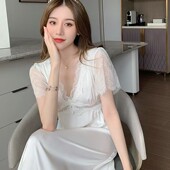 直播睡裙女夏季 裙 带胸垫性感花边镂空连衣裙纯欲风冰丝深V中长款